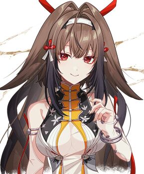 1girl animal_ear_fluff animal_ears armlet bare_shoulders blush bracelet breasts brown_hair china_dress chinese_clothes closed_mouth clover clover_hair_ornament commentary_request dress droopy_ears hair_ornament hairband hand_up highres jewelry large_breasts long_hair metal_bracelet pochimaru_(marumaru_wanwan) red_eyes see-through_clothes silver_armlet silver_bracelet smile solo upper_body very_long_hair white_background white_dress white_hairband ye_shunguang zenless_zone_zero