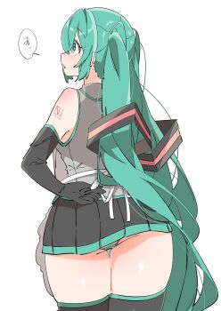 1girl absurdres aqua_hair arm_behind_back ass_peek bare_shoulders black_boots black_gloves black_skirt blue_eyes boots cowboy_shot elbow_gloves from_behind gloves grey_shirt hair_ornament hashtag-only_commentary hatsune_miku highres long_hair looking_to_the_side miniskirt open_mouth panties pantyhose pleated_skirt shirt simple_background skirt sleeveless sleeveless_shirt solo speech_bubble striped_clothes striped_panties thigh_boots thigh_gap thighs twintails underwear uruti_2388 very_long_hair vocaloid white_background