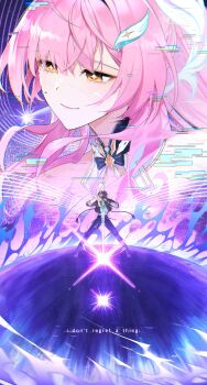 1boy 1girl absurdres aemeath_(wuthering_waves) aleph-1_(wuthering_waves) alternate_universe black_jacket black_pants closed_mouth commentary english_commentary english_text glitch hair_ornament highres holding holding_sword holding_weapon jacket long_hair male_rover_(wuthering_waves) nitanyoo orange_eyes pants planted planted_sword rover_(wuthering_waves) smile star-shaped_pupils star_(symbol) sword symbol-shaped_pupils weapon wuthering_waves