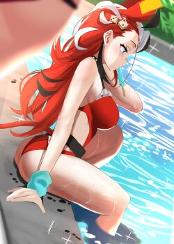 2girls animal_ears ass black_hair blue_eyes blurry blurry_foreground breasts day dice_hair_ornament from_side hair_ornament hakos_baelz hakos_baelz_(holonatsu_paradise) hashtag-only_commentary highres hololive hololive_english large_breasts long_hair mouse_ears mouse_girl mouse_tail multicolored_hair multiple_girls official_alternate_costume official_alternate_hairstyle one-piece_swimsuit outdoors pool poolside red_hair red_one-piece_swimsuit redi_(rasec_asdjh) scrunchie swimsuit tail virtual_youtuber wet white_hair wrist_scrunchie