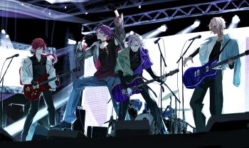 4boys alternate_costume arm_up band_(music) black_choker black_gloves black_nails black_pants black_shirt blue_pants choker clenched_hand closed_eyes commentary_request dark-skinned_male dark_skin electric_guitar eyewear_hang fingerless_gloves full_body fuwa_minato gloves grey_jacket guhe0oo0 guitar hair_between_eyes highres holding holding_microphone ibrahim_(nijisanji) instrument jacket lauren_iroas long_sleeves looking_ahead microphone microphone_stand multicolored_hair multiple_boys music nijisanji open_clothes open_jacket open_mouth pants parted_bangs parted_lips playing_guitar playing_instrument ponytail purple_hair red-tinted_eyewear red_hair shirt short_hair singing smile stage_lights streaked_hair striped_clothes striped_shirt tinted_eyewear unworn_eyewear vertical-striped_clothes vertical-striped_shirt virtual_youtuber watarai_hibari white_hair white_jacket
