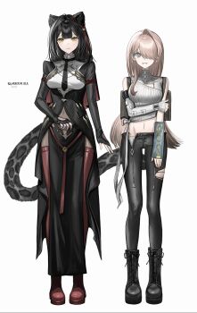 2girls absurdres animal_ears artist_name belly black_boots black_dress black_hair black_necktie black_pants boots cleavage_cutout clothing_cutout detached_sleeves dress gawako grey_eyes highres leopard_ears leopard_tail long_hair long_sleeves multiple_girls navel necktie nervous one_eye_covered original pants pink_hair red_boots simple_background single_hair_intake sweater tail thigh_boots tight_clothes tight_pants white_background white_sweater yellow_eyes