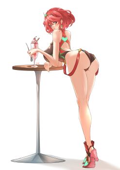 1girl ass deekei earrings high_heels highres jewelry looking_at_viewer looking_back pyra_(pro_swimmer)_(xenoblade) pyra_(xenoblade) red_eyes red_hair simple_background solo swimsuit tongue tongue_out white_background xenoblade_chronicles_(series) xenoblade_chronicles_2