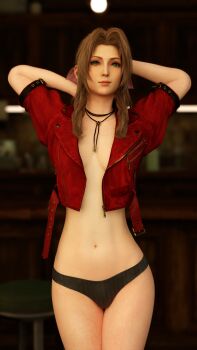 1girl 3d absurdres aerith_gainsborough breasts brown_hair cleavage final_fantasy final_fantasy_vii final_fantasy_vii_remake green_eyes hair_ribbon hands_in_hair highres jacket jewelry legs looking_at_viewer midriff navel necklace open_clothes open_jacket panties ribbon smile square_enix underwear waywardblue