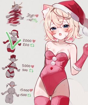 1girl absurdres animal_ear_fluff animal_ears blonde_hair blue_eyes christmas commentary cowboy_shot dog_ears dog_girl dog_tail english_commentary grey_background hat highres hololive hololive_english leotard meiwowowo mococo_abyssgard multicolored_hair pink_hair red_hat red_leotard red_thighhighs santa_hat simple_background solo strapless strapless_leotard streaked_hair tail thighhighs twitter_strip_game_parody two-tone_hair virtual_youtuber