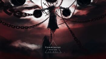 1girl arm_guards artskiddy69 barefoot black_robe chain character_request check_character cloud cloudy_sky floating fog full_body head_down highres hope_(shadow_slave) impaled mountainous_horizon orb red_sky robe shadow_slave sky solo too_many_weapons torn_clothes