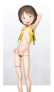 1girl absurdres arm_behind_head arm_up armpits black_panties blush brown_eyes brown_hair feet_out_of_frame female_focus flat_chest groin hand_on_own_hip highres hip_bones looking_at_viewer navel no_bra no_pants open_clothes open_mouth open_vest original paid_reward_available panties sc_naru short_hair sleeveless smile solo standing string_panties teeth thigh_strap thighs underwear upper_teeth_only vest yellow_vest