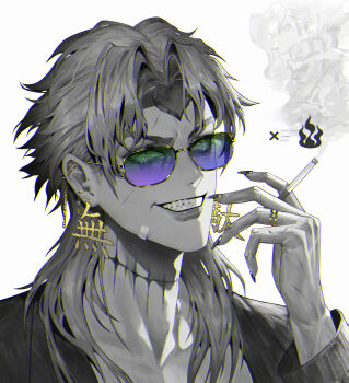 1boy 2020 absurdres cigarette commentary copyright_name dio_brando ear_piercing english_commentary highres holding holding_cigarette iggy_(jojo) jojo_no_kimyou_na_bouken kakyoin_noriaki mohammed_avdol piercing smoke stardust_crusaders sunglasses veela