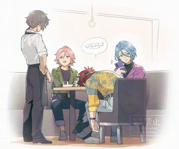 Rule 34 | 4boys, :d, amagi rinne, apron, artist name, belt, belt buckle, black apron, black headband, black pants, black shirt, black shoes, blue hair, blue pants, blue shirt, booth seating, brown belt, buckle, cellphone, chair, closed mouth, collared shirt, crazy b (ensemble stars!), crossed arms, cup, denim, ensemble stars!, green shirt, grey hair, grey shoes, hand up, hanging light, headband, himeru (ensemble stars!), holding, holding phone, indoors, jeans, jewelry, long hair, looking at another, low ponytail, lunapont, male focus, multicolored shirt, multiple boys, necklace, on chair, open mouth, oukawa kohaku, pants, parted bangs, parted hair, phone, pink hair, ponytail, print shirt, purple eyes, purple shirt, red hair, shiina niki, shirt, shirt tucked in, shoes, short hair, sitting, sleeves rolled up, smartphone, smile, speech bubble, standing, table, undershirt, waiter, watermark, white shirt, wristband, yellow eyes, yellow shirt