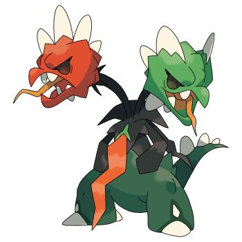 bell_pepper black_skin cardnlh claws colored_skin fangs green_bell_pepper green_skin highres mega_pokemon mega_scovillain mohawk multicolored_skin multiple_heads necktie nintendo no_humans official_style open_mouth pokemon pokemon_(creature) pokemon_focus red_pepper red_skin scovillain spiked_tail sugimori_ken_(style) tail tongue tongue_out two-tone_skin v-shaped_eyes