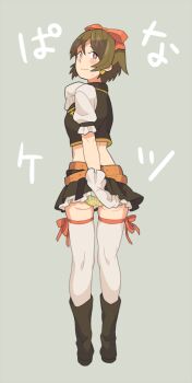 1girl ass belt black_boots black_skirt blush boots bow brown_hair closed_mouth commentary crop_top earrings emu_(eomou) from_behind gloves hair_between_eyes hair_bow jewelry koizumi_hanayo looking_at_viewer looking_back love_live! love_live!_school_idol_project miniskirt panties pink_bow short_hair short_sleeves simple_background skirt solo standing sweat thighhighs underwear white_gloves white_thighhighs yellow_panties