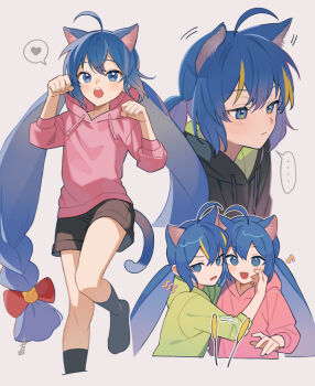 ... 2girls :d ahoge animal_ear_fluff animal_ears black_hoodie black_shorts black_socks blonde_hair blue_eyes blue_hair blue_tail bow braid cat_ears cat_girl cat_tail cattail closed_mouth commentary_request cropped_legs cropped_torso denim denim_shorts double-parted_bangs drawstring dual_persona fang green_hoodie grey_background hair_between_eyes hair_bow hand_on_another&#039;s_cheek hand_on_another&#039;s_face hands_up heart hood hood_down hoodie huge_ahoge kemonomimi_mode kneehighs long_hair long_sleeves looking_ahead looking_at_viewer low-braided_long_hair low-tied_long_hair low_twintails multicolored_hair multiple_girls multiple_views musical_note no_shoes open_mouth otomachi_una otomachi_una_(spicy) outline paw_pose pink_hoodie plant puffy_long_sleeves puffy_sleeves red_bow short_shorts shorts simple_background smile socks spoken_ellipsis spoken_heart standing standing_on_one_leg streaked_hair suiso_sn3 tail teeth twintails two-tone_hair upper_teeth_only v-shaped_eyebrows very_long_hair vocaloid white_outline