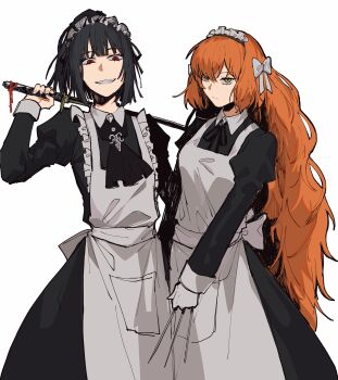 2girls absurdres apron ascot black_ascot black_ribbon bow closed_mouth cowboy_shot gloves hair_bow highres holding holding_sword holding_weapon ishmael_(project_moon) limbus_company long_hair looking_at_viewer maid_headdress multiple_girls neck_ribbon non_tarou orange_hair project_moon ribbon ryoshu_(project_moon) sidelocks simple_background sword very_long_hair weapon white_apron white_background white_bow white_gloves wuthering_heights_(identity)_(project_moon)