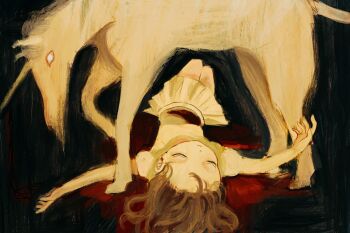 1girl animal blood brown_hair closed_eyes commentary_request highres kapura lying miniskirt on_back original pool_of_blood skirt solo unicorn white_skirt