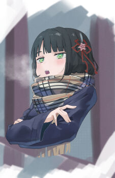 1girl black_hair blue_coat blunt_bangs blush bob_cut breath brown_scarf coat commentary cropped_shoulders crossed_arms enpera flower flower_knot green_eyes hair_flower hair_ornament highres jitome link!_like!_love_live! long_sleeves love_live! lowlight1010 momose_ginko open_mouth pink_flower plaid_clothes plaid_scarf scarf short_hair sketch_background solo teeth upper_teeth_only virtual_youtuber