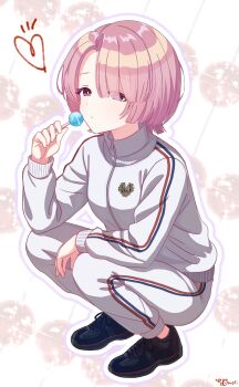 1girl :/ absurdres arimura_mao black_shoes bright_pupils candy food gakuen_idolmaster heart highres holding holding_candy holding_food holding_lollipop idolmaster jacket lollipop long_sleeves looking_at_viewer mattarisan_3 outline pants pink_hair purple_eyes shoes short_hair signature sneakers solo track_jacket track_pants white_jacket white_outline white_pants white_pupils