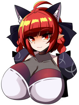 1girl ahoge alternate_costume animal_ears blunt_bangs braid breasts cat_ears cleavage closed_mouth commentary extra_ears gero_zoukin highres huge_breasts kaenbyou_rin pointy_ears red_eyes red_hair side_braids simple_background slit_pupils solo touhou twin_braids upper_body white_background