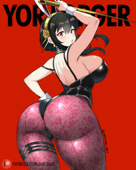 1girl animal_ears artist_name ass black_hair black_leotard black_nails blush breasts choker covered_navel dagger eyebrows_hidden_by_hair fake_animal_ears fingerless_gloves gloves gold_hairband hairband highleg highleg_leotard holding holding_dagger holding_knife holding_weapon huge_ass jarckius knife large_breasts leotard looking_at_viewer open_mouth pantyhose patreon_logo patreon_username playboy_bunny purple_pantyhose rabbit_ears red_eyes short_hair_with_long_locks signature spy_x_family weapon wide_hips wrist_cuffs yor_briar