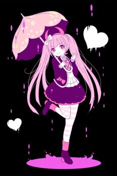 1girl black_background blush bow closed_mouth collared_shirt commentary danganronpa_(series) danganronpa_another_episode:_ultra_despair_girls eyelashes fake_horns full_body hair_bow hairband heart high_heels holding holding_umbrella horns jacket limited_palette long_hair long_sleeves open_clothes open_jacket pink_hair pink_theme shirt shoes simple_background skirt smile solo standing standing_on_one_leg teba_bate third-party_source twintails umbrella utsugi_kotoko