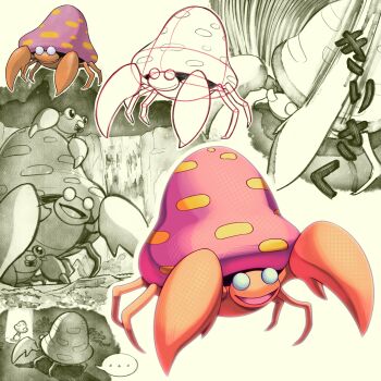 Rule 34 | ..., bug, claws, commentary request, gen 1 pokemon, highres, mushroom, nintendo, no humans, no pupils, open mouth, paras, parasect, pokemon, pokemon (creature), pokemon focus, pokemon on back, shoupitsuki, sketch, smile, water, waterfall, white background, white eyes