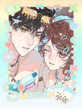 Rule 34 | !, 1boy, 1girl, absurdres, aegyo sal, bikini, black hair, blue bikini, blue scrunchie, brown hair, bubble tea, chinese commentary, collarbone, commentary request, couple, english text, eyewear on head, hair bun, hair ornament, hairclip, heart, highres, holding, holding water gun, jewelry, looking at viewer, love and deepspace, necklace, one eye closed, parted hair, parted lips, portrait, protagonist (love and deepspace), purple eyes, scrunchie, short hair, smile, snowflakes, swimsuit, tinted eyewear, topless male, water gun, xianxing huili, yellow-tinted eyewear, yellow eyes, zayne (love and deepspace)