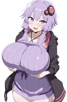 1girl alternate_breast_size_(larger) black_hoodie blush breasts collarbone doyagao dress highres hood hoodie huge_breasts long_sleeves looking_at_viewer low_twintails medium_hair open_clothes open_hoodie open_mouth pink_hoodie purple_dress purple_eyes purple_hair purple_ribbon ribbon shiguren_39 short_twintails simple_background smile smug solo thighs twintails two-tone_hoodie voiceroid white_background yuzuki_yukari