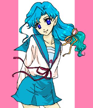 Rule 34 | 1boy, arms behind back, bishoujo senshi sailor moon, bishoujo senshi sailor moon supers, blue eyes, blue hair, blue sailor collar, blue skirt, chest ribbon, closed mouth, commentary request, contrapposto, crossdressing, crossdressing (mtf), curtained hair, fish eye (sailor moon), hair ribbon, head tilt, jaggy lines, light blush, long hair, long sleeves, low-tied long hair, lowres, male focus, miniskirt, multicolored hair, outside border, pillarboxed, plunging neckline, pointy ears, red ribbon, ribbon, sailor collar, sere (fuko sere), shirt, skirt, smile, solo, standing, trap, two-tone hair, white background, white shirt, yellow ribbon