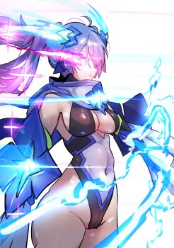 1girl ahoge black_leotard breasts commentary_request covered_navel electricity glowing glowing_eyes highres hydrasia_(natsukaze_shigure) leotard long_hair multicolored_leotard natsukaze_shigure original ponytail purple_hair solo white_background white_leotard