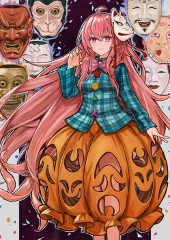 1girl ahoge aqua_shirt bow bowtie breasts bubble_skirt claw_pose commentary fox_mask hata_no_kokoro highres hyottoko_mask long_hair long_sleeves looking_at_viewer mask mask_on_head monkey_mask noh_mask okina_mask oni_mask orange_skirt pink_bow pink_bowtie pink_eyes pink_hair plaid_clothes plaid_shirt shirt skirt skirt_cutout smile solo tentaizukan touhou very_long_hair