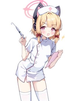 1girl :d alternate_costume animal_ear_headphones animal_ears blonde_hair blue_archive blunt_bangs blush bow breasts buttons cardcat_00 cat_ear_headphones cat_ears clipboard commentary cowboy_shot dress fake_animal_ears hair_bow halo hands_up hat headphones highres holding holding_clipboard holding_syringe leaning_forward looking_at_viewer low-tied_sidelocks medium_hair momoi_(blue_archive) nurse nurse_cap open_mouth parted_bangs pink_eyes pink_halo red_bow short_dress short_sleeves sidelocks simple_background small_breasts smile solo sparkle standing syringe thighhighs v-shaped_eyebrows white_background white_dress white_hat white_thighhighs