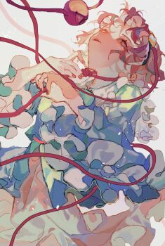 1girl black_hairband blue_shirt commentary_request cowboy_shot fingernails frilled_shirt_collar frilled_sleeves frills hair_ornament hairband head_back heart heart_hair_ornament highres komeiji_satori long_sleeves looking_at_viewer open_mouth pink_eyes pink_hair pink_skirt red_nails shinjitsu_no_kuchi shirt short_hair skirt solo third_eye touhou white_background