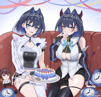 2girls absurdres black_skirt black_thighhighs blue_eyes blue_hair blue_nails brulee closed_mouth demon_horns demon_tail hair_intakes highres holding holding_plate hololive hololive_english hololive_idol_uniform_(color_rise) horns kronie_(ouro_kronii) looking_at_viewer medium_hair multiple_girls nail_polish official_alternate_costume open_mouth ouro_kronii ouro_kronii_(1st_costume) plate shirt skirt tail thigh_strap thighhighs tongue tongue_out virtual_youtuber white_shirt white_skirt white_thighhighs