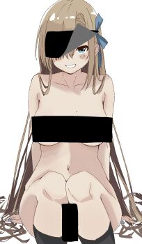 1girl asuna_(blue_archive) bar_censor bare_shoulders black_socks blonde_hair blue_archive blue_eyes blush breasts censored collarbone grin hair_over_one_eye hair_ribbon highres large_breasts long_hair looking_at_viewer maho_ron1 mole mole_on_breast navel no_halo nude ribbon sitting smile socks solo tape_censor thighs very_long_hair