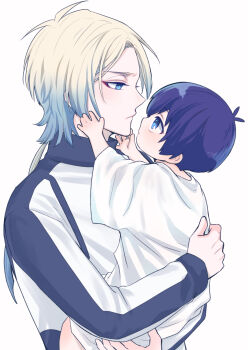 2boys age_difference aged_down blonde_hair blue_eyes blue_hair blue_jacket blue_lock closed_mouth gradient_hair highres isagi_yoichi jacket kai1asuta long_hair long_sleeves male_focus michael_kaiser multicolored_hair multicolored_jacket multiple_boys oversized_clothes oversized_shirt profile shirt short_hair simple_background two-tone_hair two-tone_jacket upper_body v-shaped_eyebrows white_background white_jacket wide_sleeves