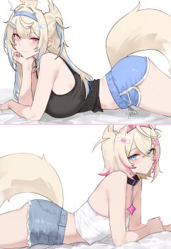 2girls absurdres alternate_costume animal_collar animal_ear_fluff animal_ears ass bandaid bandaid_hair_ornament bare_arms bed_sheet black_collar black_tank_top blonde_hair blue_eyes blue_hair blue_hairband blue_shorts bluefield braid breasts camisole closed_mouth collar commentary crop_top crossed_bangs denim denim_shorts dog_ears dog_girl dog_tail dolphin_shorts double-parted_bangs extra_ears fake_horns frayed_shorts from_side fuwawa_abyssgard hair_between_eyes hair_intakes hair_ornament hairband hairclip hand_on_own_chin head_rest highres hololive hololive_english horn_hairband large_breasts long_hair looking_at_viewer lying midriff mococo_abyssgard multicolored_hair multiple_girls no_tail on_stomach parallel_hairclips pink_eyes pink_hair pink_hairband short_hair short_shorts shorts siblings side_braids simple_background sisters small_breasts smile spiked_collar spikes split_screen streaked_hair tail tank_top twins two_side_up virtual_youtuber white_background white_camisole x_hair_ornament