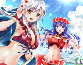 :d beach belt bikini blue_eyes blue_hair blue_scarf breasts fire_emblem fire_emblem:_radiant_dawn fire_emblem:_the_binding_blade fire_emblem_heroes flower front-tie_top gloves grey_hair groin hair_flower hair_ornament hair_ribbon half_updo head_wreath highres kakiko210 light_rays lilina_(fire_emblem) lilina_(summer)_(fire_emblem) long_hair looking_at_viewer medium_breasts micaiah_(fire_emblem) micaiah_(wavecrest_maiden)_(fire_emblem) navel nintendo official_alternate_costume open_mouth outdoors outstretched_arms red_bikini red_gloves ribbon scarf sideboob smile spread_arms sunlight swimsuit upper_body yellow_eyes