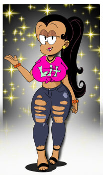 Rule 34 | 1girl, absurdres, alternate breast size (larger), black hair, black sandals, carlota casagrande, dark-skinned female, dark skin, ear piercing, earrings, eyelashes, half-closed eyes, highres, jewelry, long hair, navel, necklace, pants, piercing, raised eyebrows, sandals, shadow, short sleeves, side ponytail, solo, sonson-sensei, sphere earrings, star (symbol), stud earrings, the casagrandes, the loud house, the loud house (style), torn clothes, torn pants, very long hair