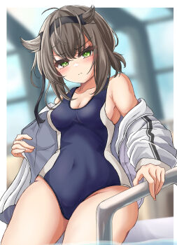 1girl black_headband blue_one-piece_swimsuit breasts brown_hair closed_mouth clothes_writing commentary_request competition_swimsuit covered_navel cowboy_shot day green_eyes hair_flaps hatsuzuki_(kancolle) hatsuzuki_(swimsuit)_(kancolle) headband highres indoors jacket kantai_collection kasashi_(kasasi008) looking_at_viewer official_alternate_costume one-piece_swimsuit pool pool_ladder poolside rei_no_pool short_hair solo swimsuit white_jacket