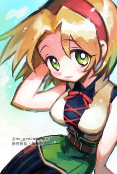 1girl belt blonde_hair breasts cecilia_lynne_adelhyde commentary_request cross-laced_clothes green_eyes hairband highres large_breasts looking_at_viewer open_mouth pantyhose red_hairband sakakai_toppa short_hair skirt smile solo striped_clothes striped_pantyhose wild_arms wild_arms_1