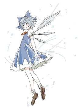 1girl ankle_socks blue_bow blue_dress bow brown_shoes cirno closed_mouth commentary_request cryokinesis detached_wings dress fairy fairy_wings floating from_side full_body hair_bow highres ice ice_wings looking_at_viewer mary_janes neck_ribbon pinafore_dress puffy_short_sleeves puffy_sleeves red_ribbon ribbon shiorondo shirt shoes short_hair short_sleeves simple_background sleeveless sleeveless_dress smile socks solo touhou white_background white_shirt white_socks wings