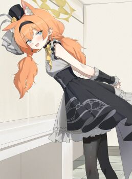 1girl :d absurdres animal_ear_fluff animal_ears black_hairband black_hat blue_archive blue_eyes breasts choker d_(delt4) dress facing_to_the_side feet_out_of_frame frilled_choker frills grey_dress hairband hat highres indoors looking_at_viewer low_twintails mari_(blue_archive) mari_(idol)_(blue_archive) mini_hat official_alternate_costume open_mouth orange_hair petticoat small_breasts smile solo twintails wrist_cuffs