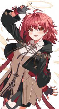 1girl :d ahoge arknights arm_up black_gloves black_jacket black_shorts blush brown_eyes collared_shirt commentary cowboy_shot detached_wings exusiai_(arknights) exusiai_the_new_covenant_(arknights) fingerless_gloves gloves hair_between_eyes halo highres jacket kuwan4971 long_sleeves looking_at_viewer open_clothes open_jacket open_mouth red_hair shirt short_hair shorts simple_background smile solo standing traditional_halo w w_over_head white_background white_shirt wings yellow_halo