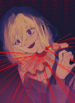 1girl @_@ absurdres bang_dream! bang_dream!_it's_mygo!!!!! blonde_hair blush commentary crying crying_with_eyes_open doloris_(bang_dream!) geosmichi77 hair_between_eyes highres long_hair long_sleeves looking_at_viewer misumi_uika open_mouth purple_eyes solo string_around_neck tears teeth text_background upper_body upper_teeth_only