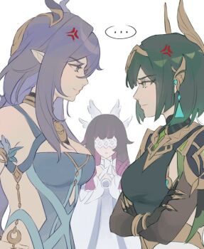 ... 3girls anger_vein black_hair blue_dress breasts claws cleavage closed_mouth columbina_(genshin_impact) commentary crossed_arms dress english_commentary eye_contact genshin_impact green_eyes green_hair kayveris large_breasts lauma_(genshin_impact) long_hair looking_at_another multiple_girls nefer_(genshin_impact) pointy_ears purple_hair purple_streaks short_hair simple_background smile spoken_ellipsis white_background white_dress
