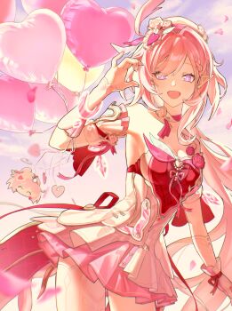 1girl absurdres balloon beret blue_sky commentary_request diamond-shaped_pupils diamond_(shape) dress elf elysia_(hi_love_elf)_(honkai_impact) elysia_(honkai_impact) half-heart_hands hat heart_balloon highres honkai_(series) honkai_impact_3rd long_hair multicolored_hair open_mouth pink_hair pointy_ears purple_eyes red_dress sky smile solo symbol-shaped_pupils thighhighs two-tone_hair very_long_hair white_dress white_hair white_thighhighs zhen_wuzei