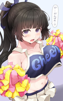 1girl absurdres bang_dream! bare_shoulders blue_bow blue_shirt blush bow breasts brown_hair cheerleader crop_top crop_top_overhang cropped_shirt highres holding holding_pom_poms large_breasts long_hair looking_at_viewer midriff miniskirt navel open_mouth pleated_skirt pom_pom_(cheerleading) pom_poms purple_eyes shirokane_rinko shirt simple_background skirt solo speech_bubble temari_rin translation_request white_background white_skirt