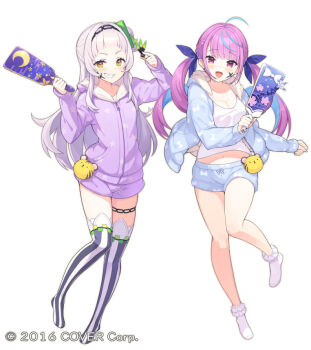 2girls alternate_costume bad_id bad_twitter_id black_thighhighs blue_hair blue_jacket blue_shorts braid company_name copyright_notice frilled_socks frills grin hair_bun holding hololive jacket long_hair minato_aqua multicolored_hair multiple_girls murasaki_shion official_art open_clothes open_jacket pentagram purple_hair purple_jacket purple_shorts shorts single_side_bun smile socks star_(symbol) star_print streaked_hair striped_clothes striped_thighhighs tam-u teeth thighhighs twintails virtual_youtuber white_hair white_socks yellow_eyes