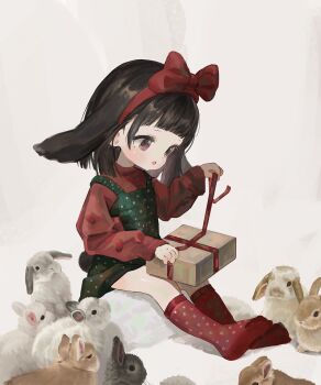 1girl animal animal_ears arched_bangs black_hair bow christmas christmas_present commentary_request doubutsunoujyou dress droopy_ears gift green_dress grey_background hair_bow highres kneehighs medium_hair open_mouth original pinafore_dress purple_eyes rabbit rabbit_ears rabbit_girl red_bow red_shirt red_socks shirt sitting sleeveless sleeveless_dress socks solo