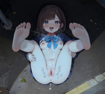 1girl after_rape after_vaginal aftersex barefoot blue_eyes blue_jacket blue_ribbon blue_skirt blush body_writing bound breasts brown_hair censored chain collar collared_shirt commentary cum cum_in_mouth cum_in_pussy cum_on_body cum_on_stomach cum_pool cumdrip dot_nose drugs exhibitionism facial feet feet_up from_above full_body functionally_nude jacket kai-o leash looking_at_viewer lying medium_breasts medium_hair mosaic_censoring navel neck_ribbon night nipples on_back open_mouth original pet_play pleated_skirt pole pov public_indecency public_use pussy ribbon school_uniform shirt skirt soles solo spread_legs tally teeth toes white_shirt