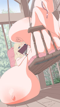 1girl anklet ass blonde_hair blue_eyes blurry blurry_background book bracelet breast_lift breasts breasts_apart dated depth_of_field english_text feet_out_of_frame female_focus from_below gigantic_breasts grinding highres holding holding_book jewelry large_nipples legs_up long_hair looking_to_the_side lying mnjs nipples nude on_back original partially_visible_vulva pillow plant porch reading reclining sagging_breasts signature solo swing thighs tree vines wooden_floor